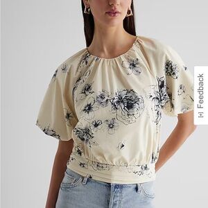 Express Floral Gathered Neck Puff Sleeve Banded Bottom Top size large cream